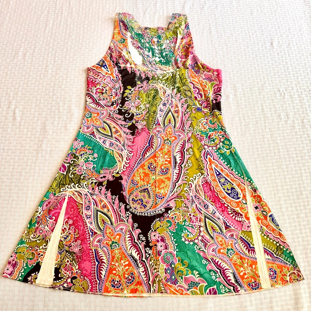 Ocean Blue Boho Paisley Crochet Lace Back Dress Large Multi Color Psychedelic‎